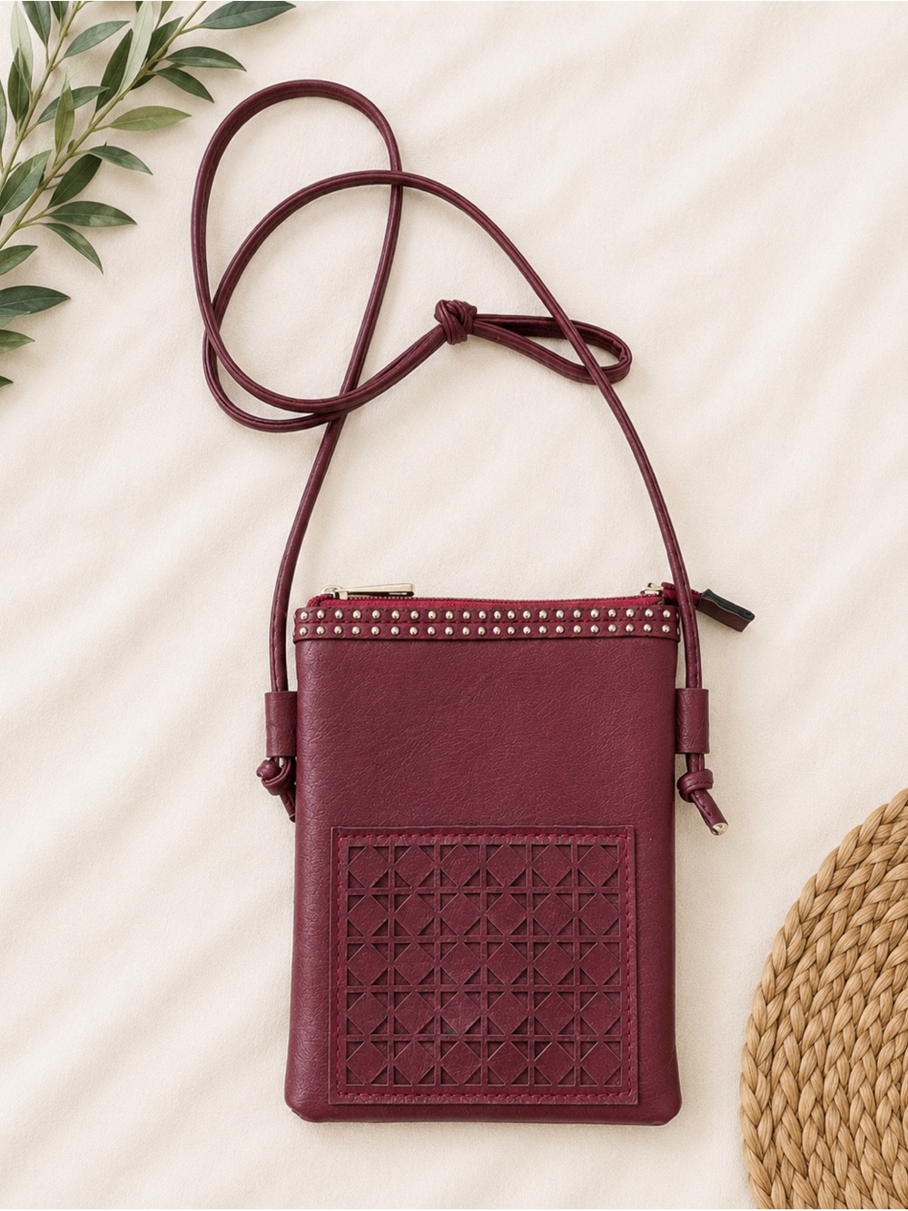 Women's Maroon Crossbody Bag with Studded Zip Pocket